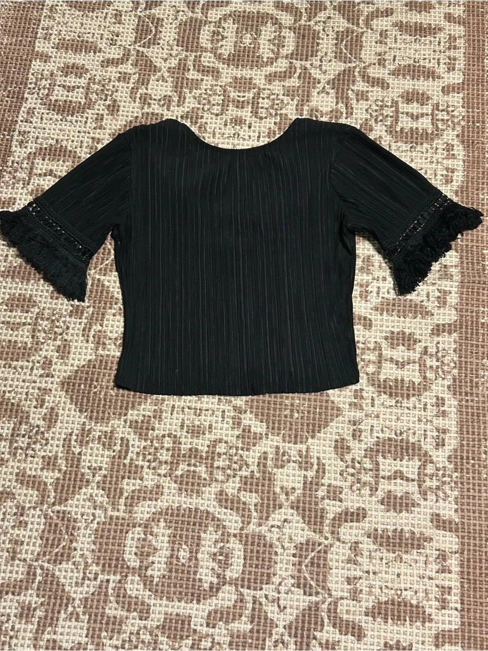 Zara Black Pleated Top with Lace-Trim Sleeves